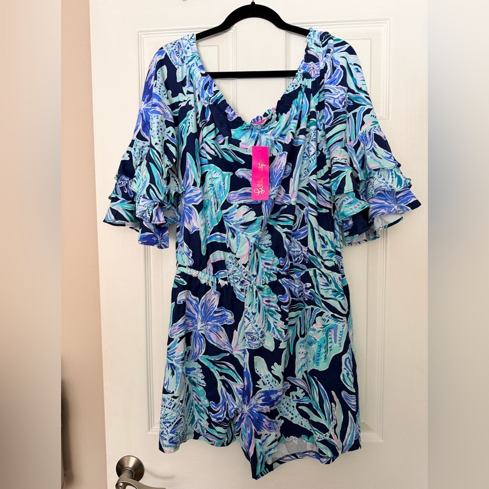 NWT Lilly Pulitzer Calla Off-The-Shoulder Romper Ready Set Gecko XL